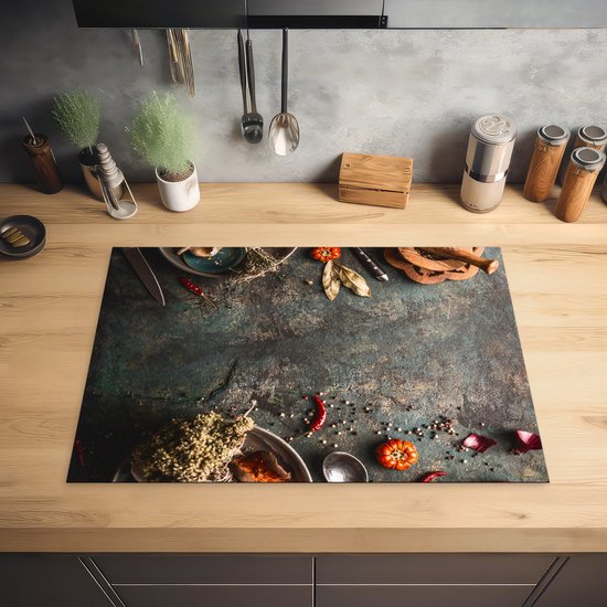 MuchoWow Inductiebeschermer - Inductie mat - Vinyl - Wortel - Groente - Kruiden - Specerijen - Rustiek - 60x52 cm - Inductie beschermer
