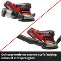 Twee rode en zwarte schuurmachines met stofafzuiging: één met stofopvangbox en één met flexibele slang.
