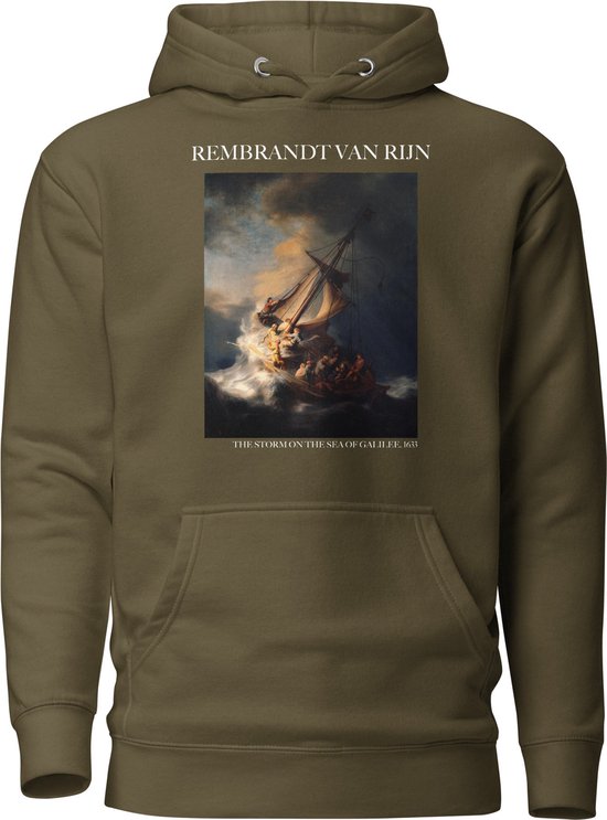 Rembrandt van Rijn 'De Storm op het Meer van Galilea' ("The Storm on the Sea of Galilee") Beroemd Schilderij Hoodie | Unisex Premium Kunst Hoodie | Military Green | L