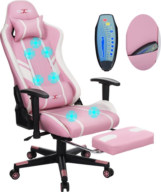 PU Massagestoel met voetenbankje - Ergonomische Gamestoel - 175° - Bureaustoel - Wit&Roze