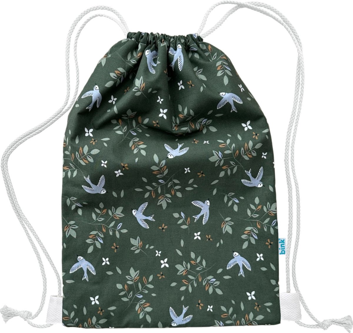 BINK Bedding Gym-/Zwemtas Merel 40 x 28 cm voorzien van sluitkoord - groen - zachtgroen - jade - lila - caramel - vogel - bloemen - peuter - kleuter - zwemles - gymles