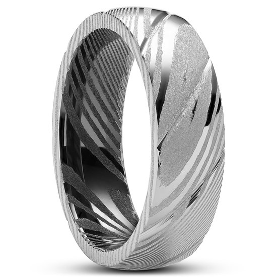 Fortis | 7 mm Zilverkleurige en Gunmetal Ring van Damascusstaal