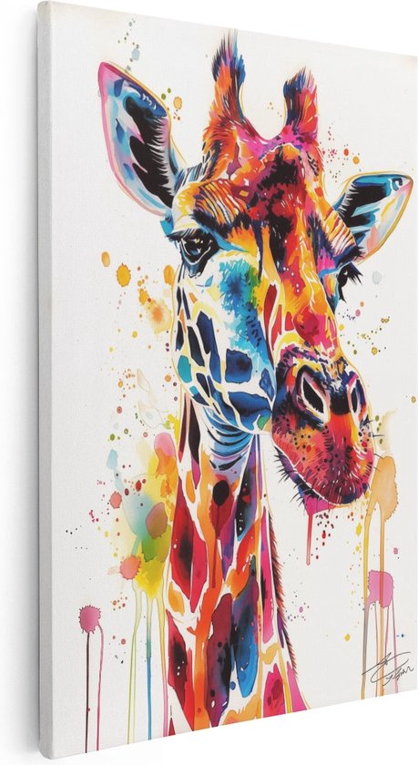 Artaza Canvas Schilderij Giraffe met Kleurrijke Verfspatten op zijn Gezicht - 80x120 - Groot - Foto Op Canvas - Canvas Print