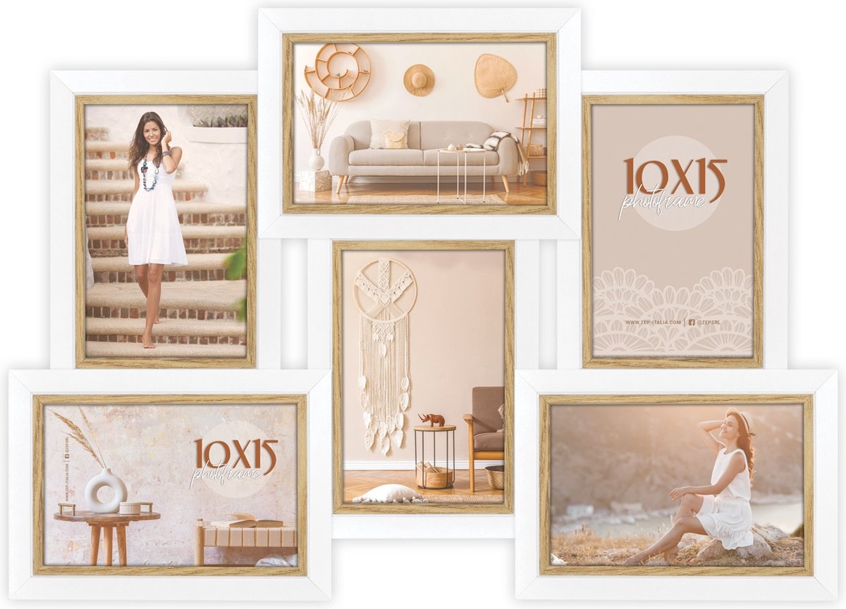 ZEP - Houten Multi Fotolijst wit/bruin Ayas 6Q voor 4 foto's 10x15 (afmeting 45,5x32 cm) - CV662