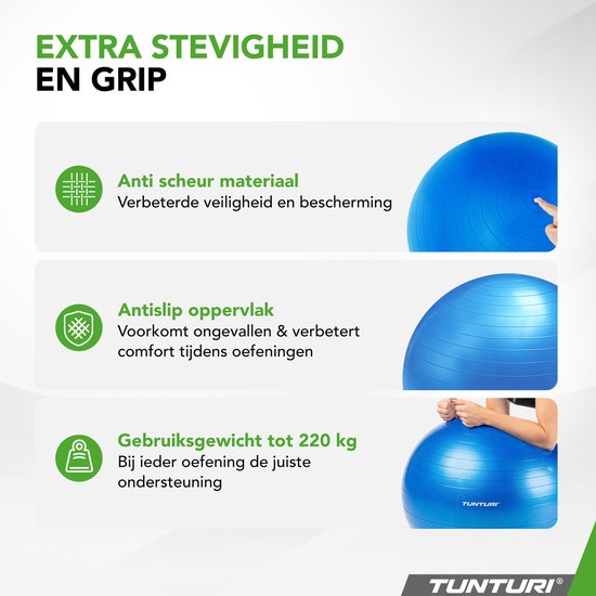 Tunturi Anti Burst Fitness bal met Pomp - Yoga bal 65 cm - Pilates bal - Zwangerschapsbal – 220 kg gebruikersgewicht - Incl Trainingsapp – Blauw