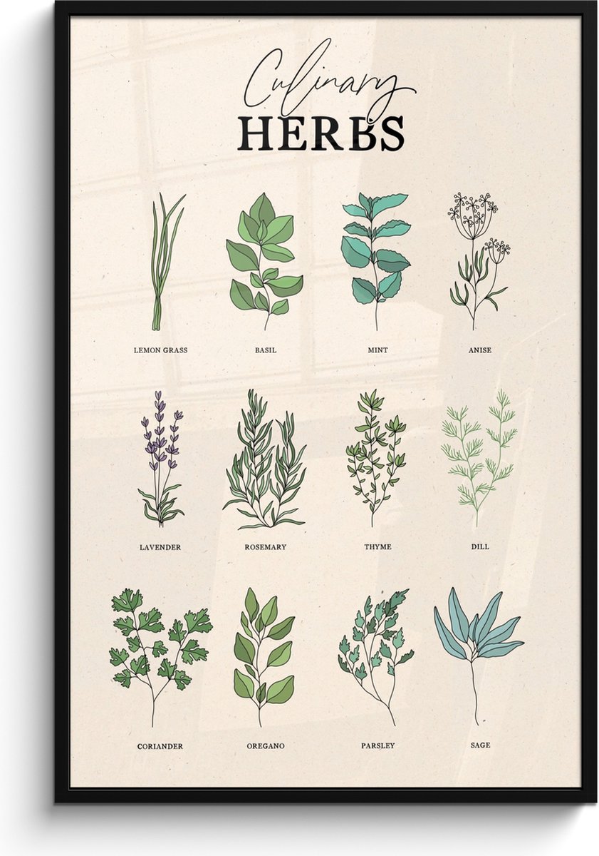 FrameYourWall Fotolijst inclusief poster - Posterlijst 80x120 cm - Posters - Kruiden - Planten - Herbs - Groen - Vintage - Foto in lijst - Keuken decoratie muur - Wanddecoratie accessoires - Muurdecoratie - Schilderijen Kruiden - Overzicht