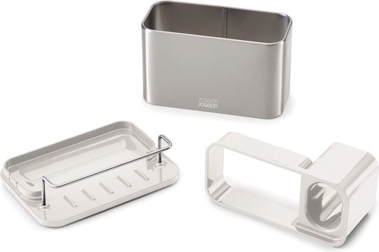 Gouden gootsteen organizer met bijbehorende beige onderdelen.
