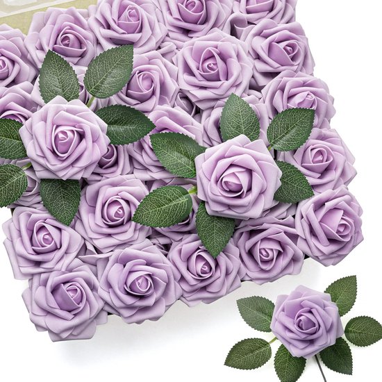 50 stuks rode rozen kunstbloemen donkerrode kunstrozen echt ogende schuimrozen bulk met steel voor doe-het-zelf bruidsboeketten centerpieces feest thuis (paars)