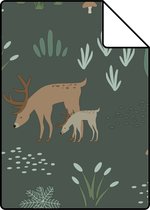 Echantillon ESTAhome papier peint forêt avec animaux de la forêt vert foncé et beige - 139249 - 26,5 x 21 cm