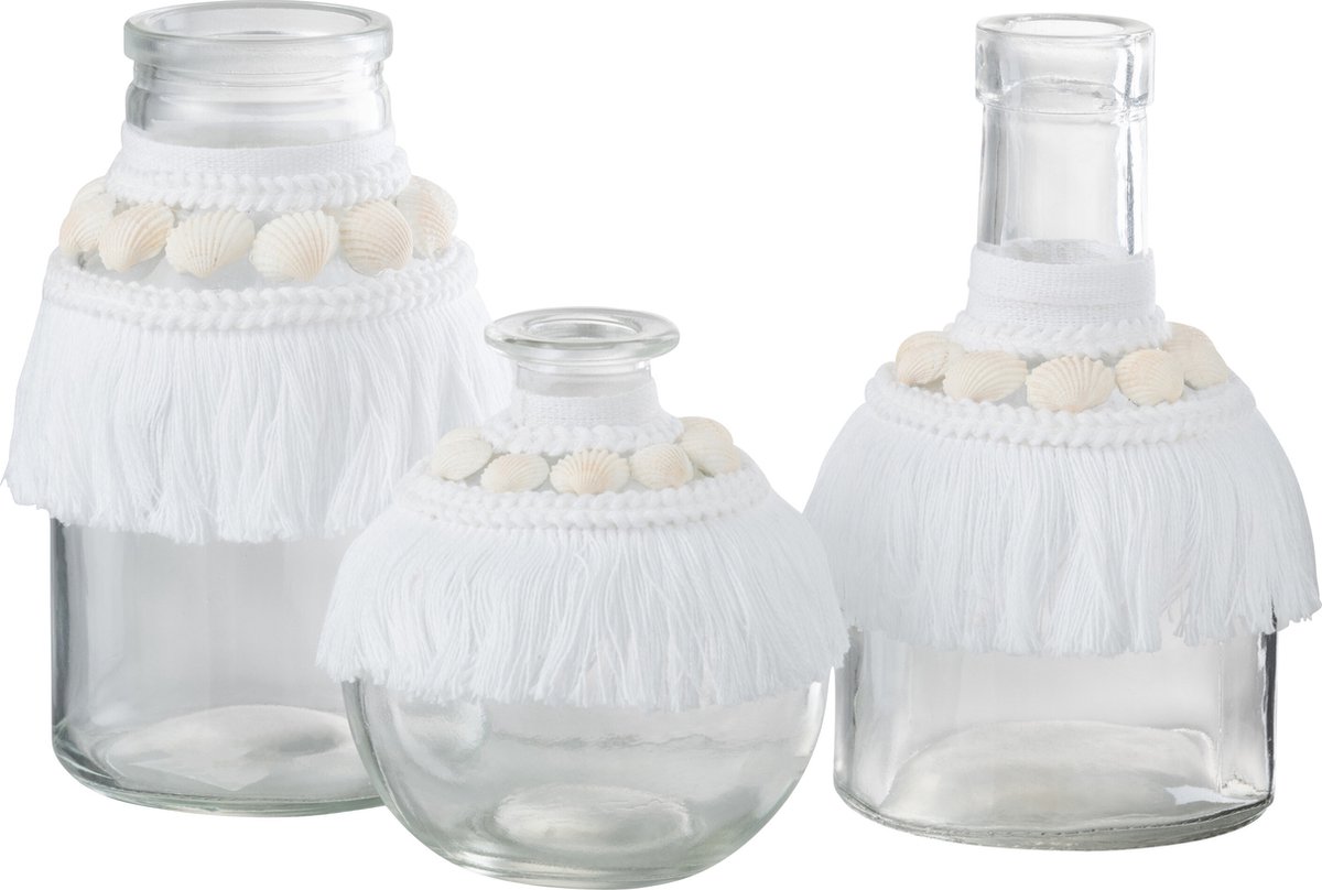 J-Line vaas Schelpen - glas/textiel - wit - large - 3 stuks - 14.5 cm hoog
