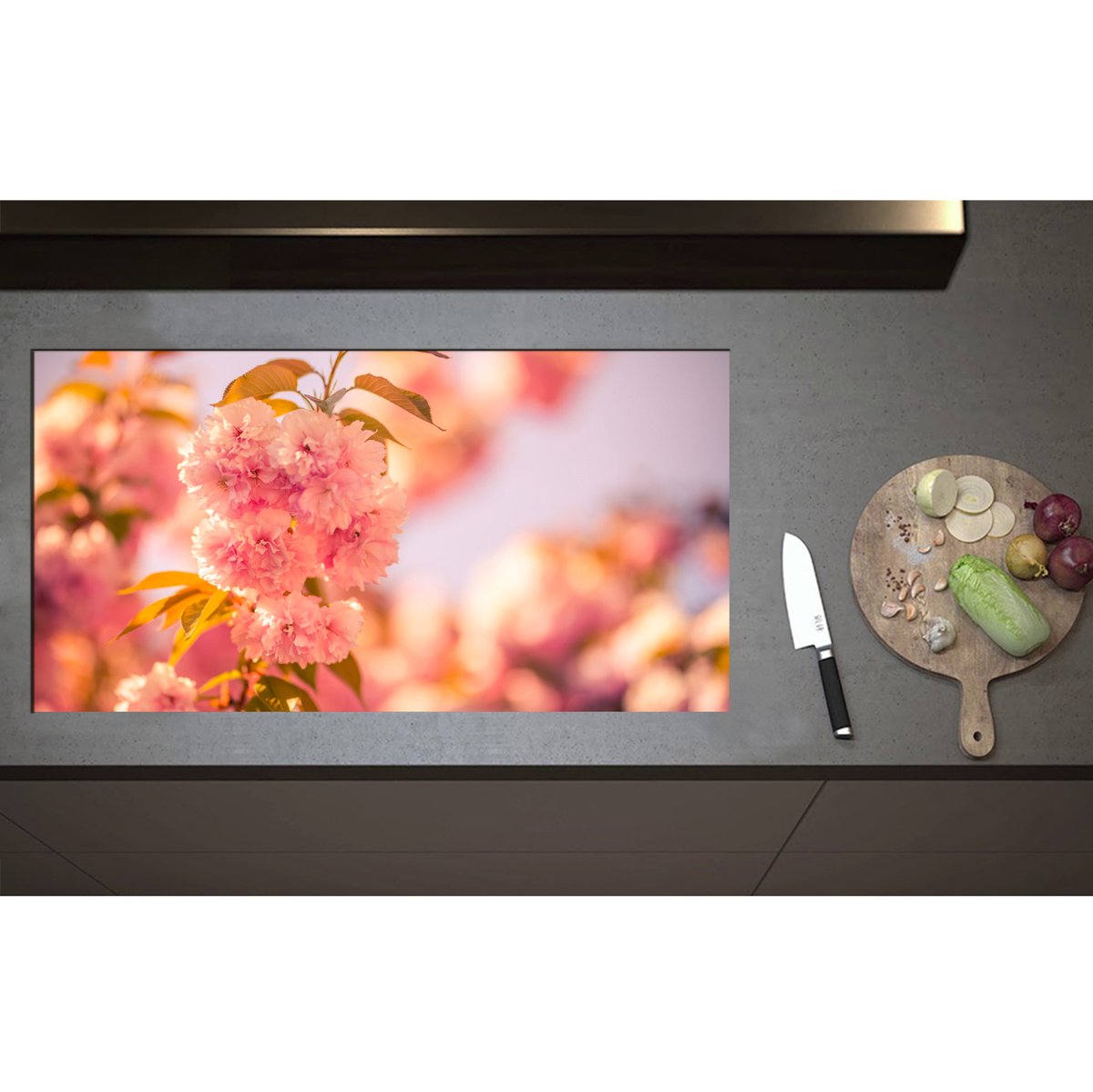 Inductieplaat Beschermer - Bloeiende Roze Bloesem Bloemen op Mooie Lentedag - 95x50 cm - 2 mm Dik - Inductie Beschermer - Bescherming Inductiekookplaat - Kookplaat Beschermer van Wit Vinyl