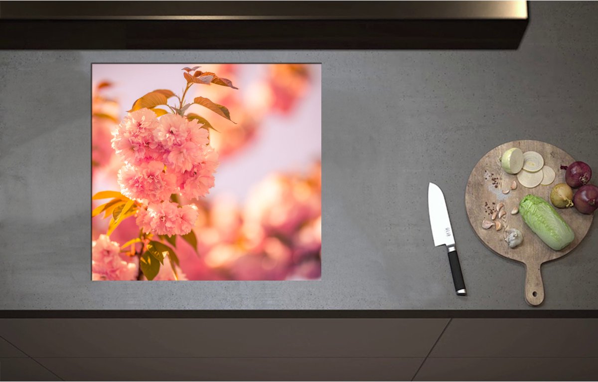 Inductieplaat Beschermer - Bloeiende Roze Bloesem Bloemen op Mooie Lentedag - 58x55 cm - 2 mm Dik - Inductie Beschermer - Bescherming Inductiekookplaat - Kookplaat Beschermer van Zwart Vinyl
