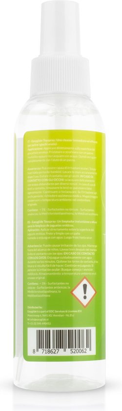 Arrière d'une bouteille EasyGlide Toycleaner avec informations produit multilingues, code-barres et symbole d'avertissement sur une étiquette verte.