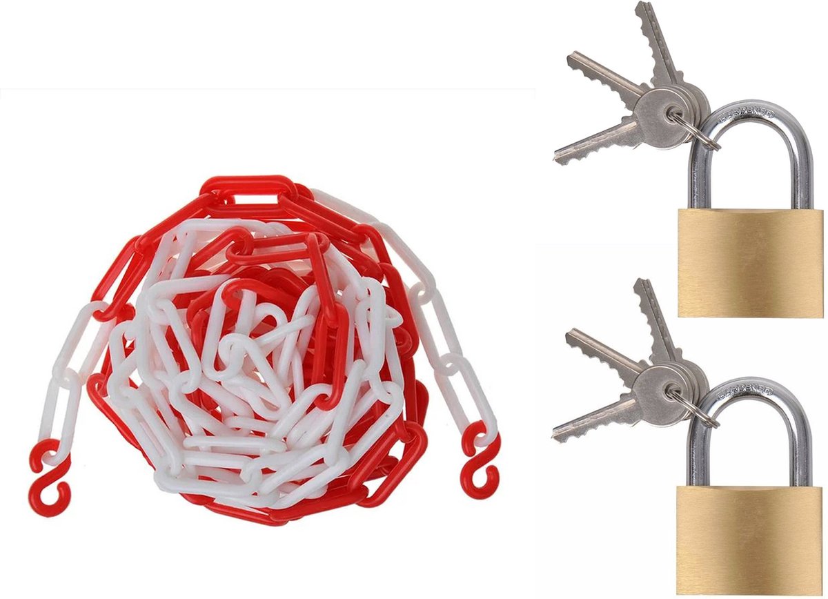 Proplus Afzetketting met 2x hangsloten van 40 mm - rood/wit - 5 meter - kunststof - afzetting
