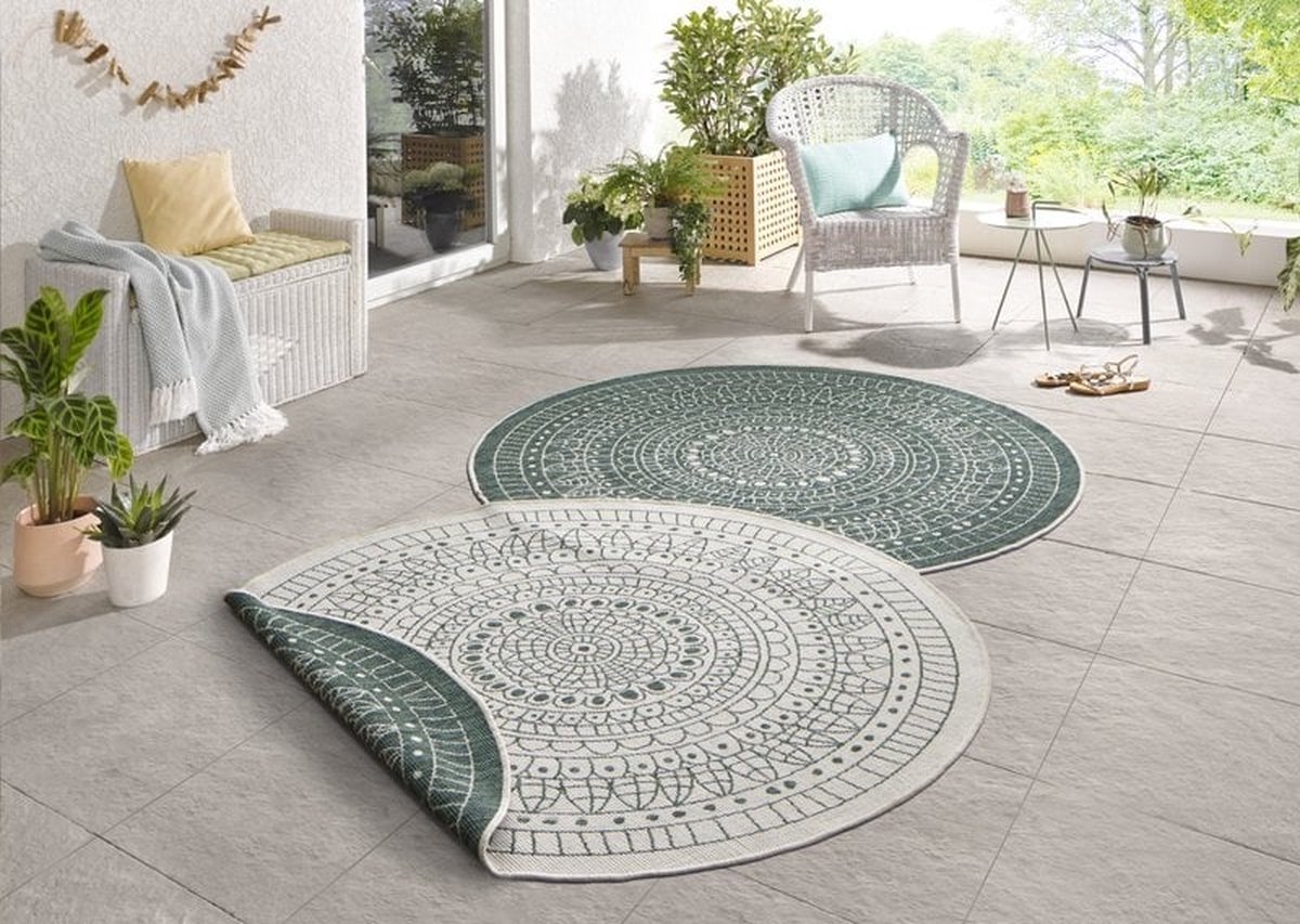 Flycarpets Omkeerbaar Vloerkleed - Binnen & Buitenkleed Porto- Groen / Creme - 100x100 cm