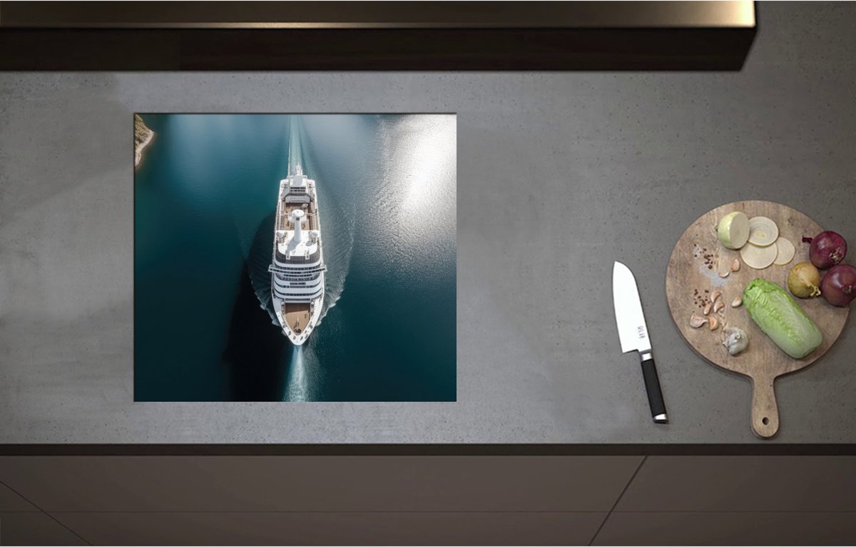 Inductieplaat Beschermer - Bovenaanzicht van Cruiseschip op het Water - 57x51 cm - 2 mm Dik - Inductie Beschermer - Bescherming Inductiekookplaat - Kookplaat Beschermer van Wit Vinyl