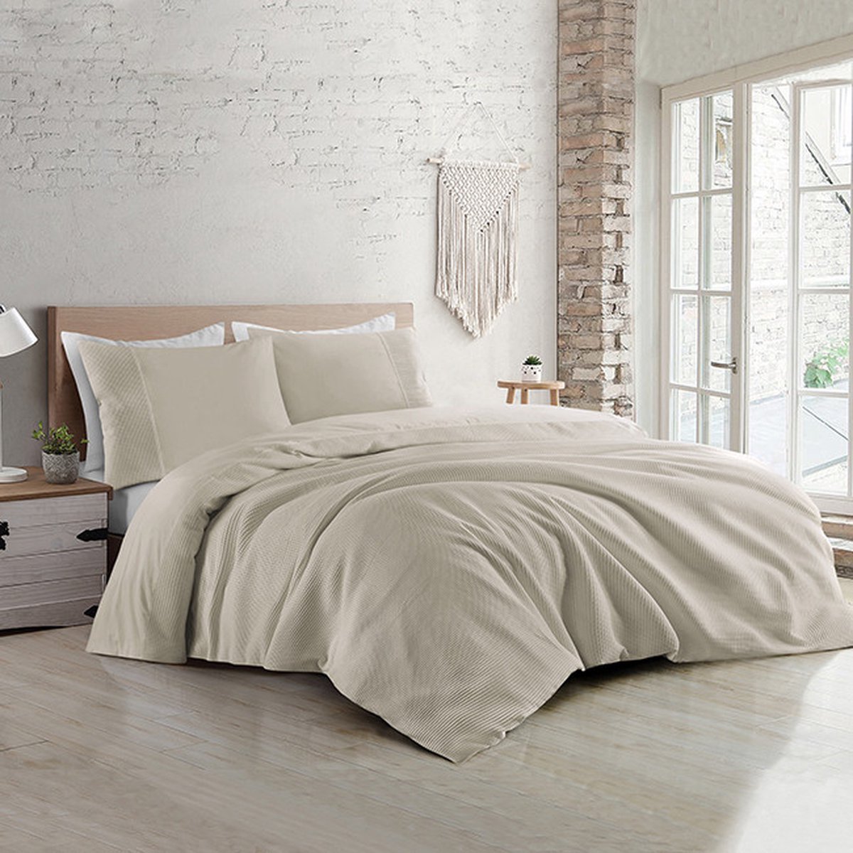 Zavelo DeLuxe Waffle Dekbedovertrek Zand - 2-persoons 200 x 200/220 cm - 100% Percale Katoen - Luxe Dekbedovertrek - Super zacht