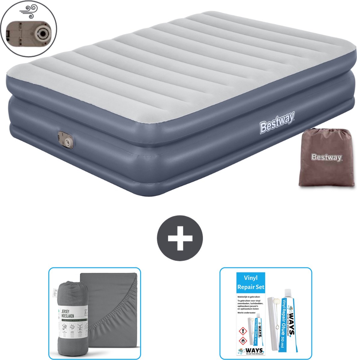 Bestway luchtbed - 2-Persoons - 152 x 203 x 51 cm - Grijs - - Inclusief pomp - Hoeslaken en Reparatieset