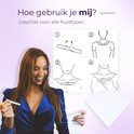 Vrouw met bruin haar in blauwe jurk, naast illustratie van hoe Shapetape te gebruiken. 36 strips.