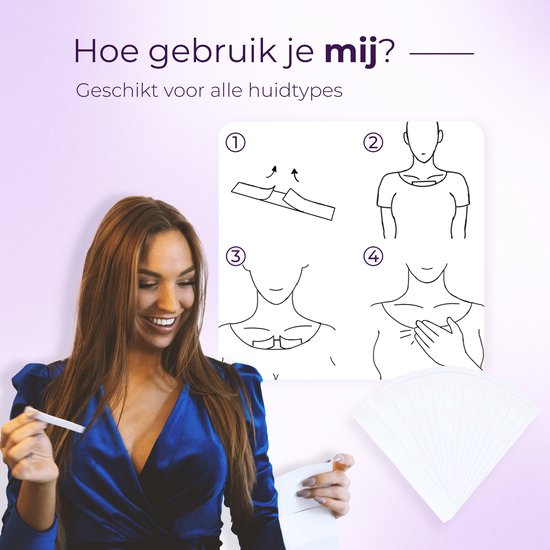 Vrouw met bruin haar in blauwe jurk, naast illustratie van hoe Shapetape te gebruiken. 36 strips.