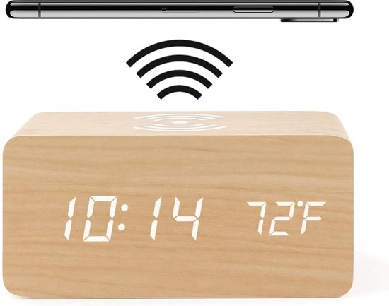 Houten wekker-Met laadstation-Thermometer-3 wektijden-Digitale klok-Werkt op batterijen en USB-Wooden look-Wekker-16*7*7 CM