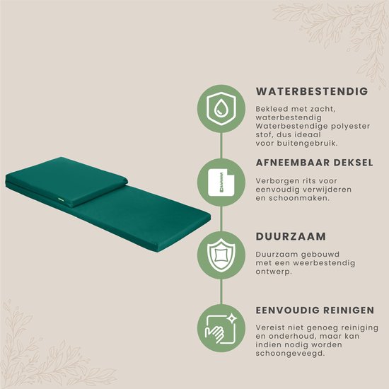 Donkergroen ligstoelkussen met waterafstotende polyester hoes, afneembare hoes met rits, duurzaam en gemakkelijk te reinigen.