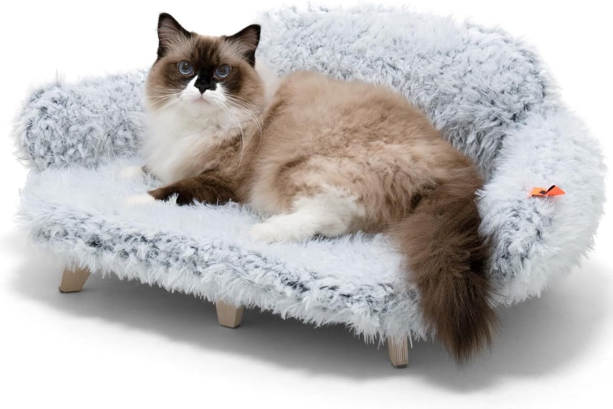 Bol.com Kattenbank met stabiele houten poten, kattenstoelbed, pluche kattenbed, warme en zachte kattenbank voor kleine honden en... aanbieding