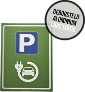 Pictogram/ bord geborsteld aluminum | Parking - Oplaadpunt elektrische wagens | 19 x 25 cm | Parkeren | Laadpaal | Oplaadstation | Laad station | Laden | Auto opladen | Eco | Voorbehouden | Parkeersignalisatie | 1 stuk