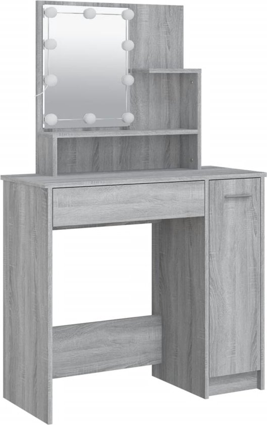 Coiffeuse grise avec miroir, éclairage, tiroir et armoire.