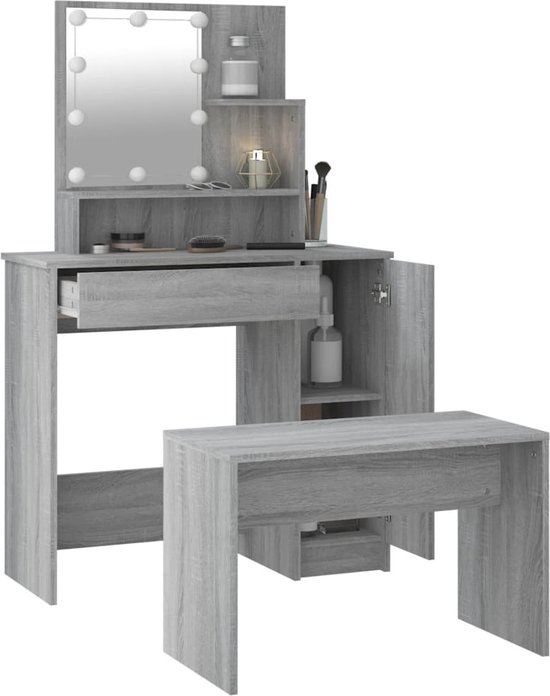 Coiffeuse grise avec miroir, éclairage, tiroir, armoire et tabouret.