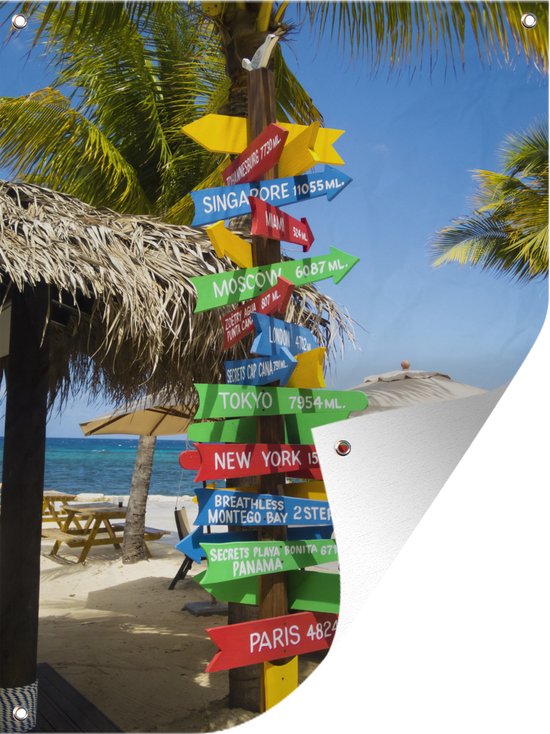 Gekleurde wegwijzer met wereldsteden op strand in Jamaica - Tuindoek