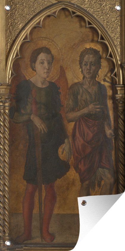 Tuinposter Sint Michaël en Johannes de Doper - schilderij van Jacopo di Antonio - 40x80 cm - Wanddecoratie Buiten - Tuinposter - Tuindoek - Schuttingposter - Tuinschilderij