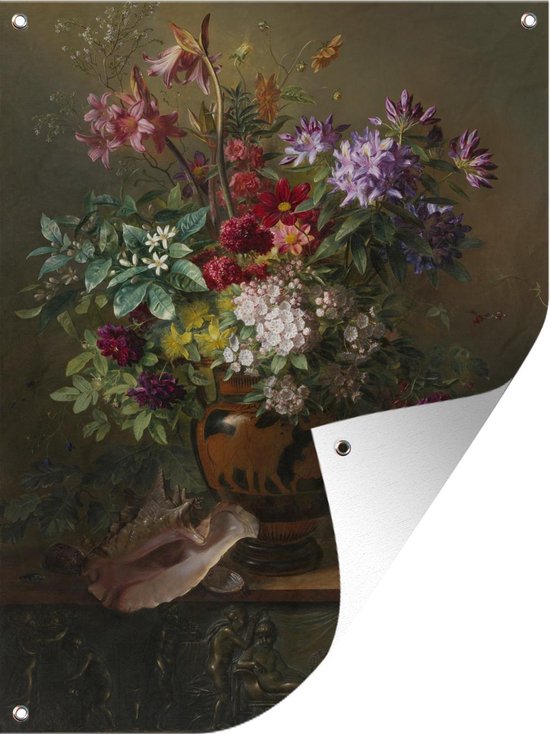 Tuinposter - Tuindoek - Tuinposters buiten - Stilleven met bloemen in een Griekse vaas: Alrie op de lente - Schilderij van G.J.J Van Os - 90x120 cm - Tuin