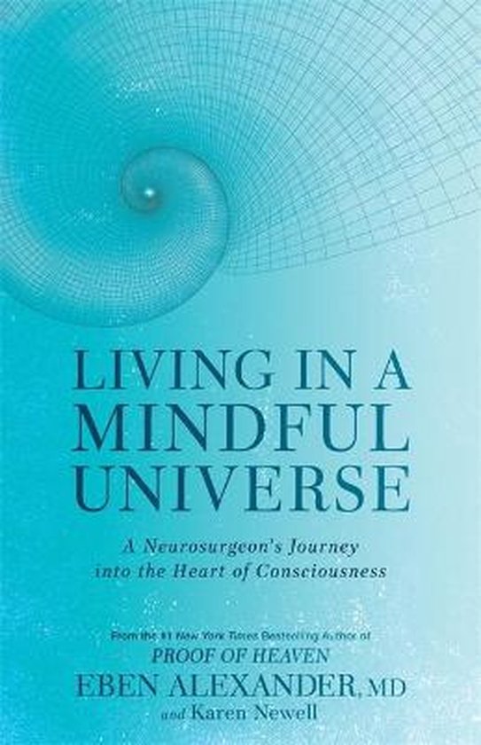 Boek 'Living in a Mindful Universe', met een blauw spiraalpatroon en de titel in grote letters.
