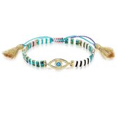 Twice As Nice Armband in goudkleurig edelstaal, turquoise tila beads, oog met floches  19 cm