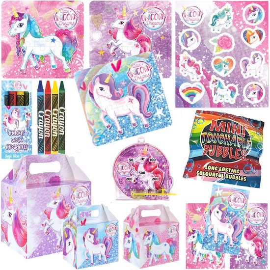 10 PIÈCES | Boîte de friandises LICORNE DE LUXE INCLUANT les cadeaux. Comprend: boîte à distribuer, craies, bloc-notes, flipper, puzzle, feuille d'autocollants et bulles | Filles | Boîtes de friandises pour les anniversaires et les fêtes d'enfants