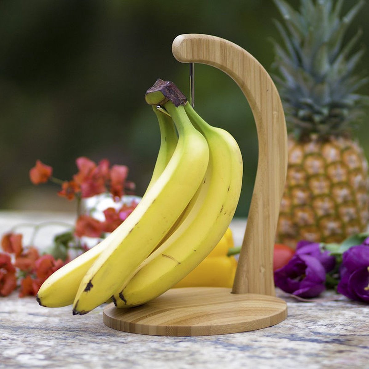 Relaxdays bananenhouder, metaal H x : 33 x 17 cm, tegen beurse plekken, modern, bananenstandaard aanrecht, koper