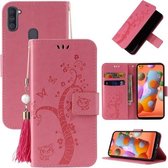 Voor Samsung Galaxy A11 Reliëf Lucky Tree Horizontale Flip Lederen Case met Houder & Kaartsleuf & Portemonnee & Lanyard (Roze)