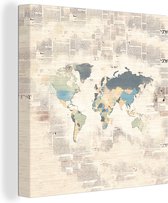 Canvas Wereldkaart - 20x20 - Wanddecoratie Wereldkaart - Kleuren - Krantenpapier