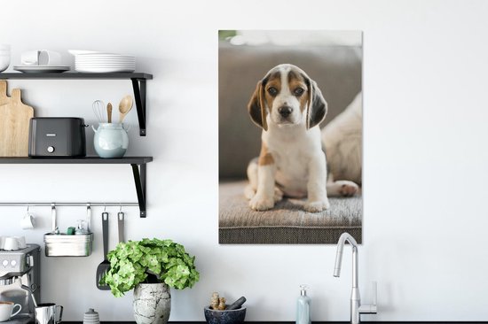 Mignon chiot Beagle assis sur le canapé Toile 40x60 cm - Tirage photo sur toile (Décoration murale salon / chambre) / Peintures sur toile pour Animaux domestiques