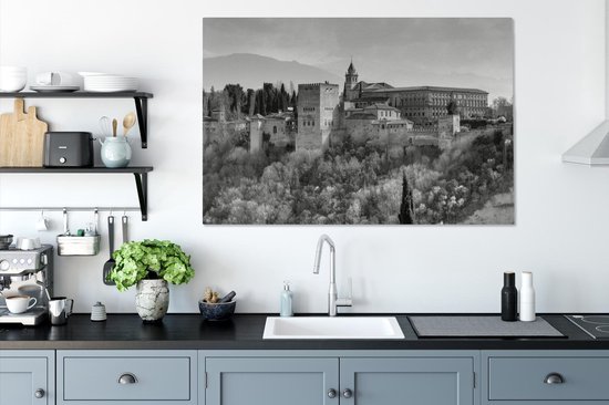 Canvas Schilderij Uitzicht op het Alhambra vanaf de Mirador de San Nicolás in de Albaycin Granada in zwart-wit - 140x90 cm - Wanddecoratie - OneMillionCanvasses