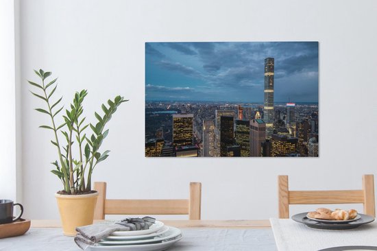 Canvas Schilderij Wolkenkrabber - Nacht - Architectuur - New York - 90x60 cm - Wanddecoratie