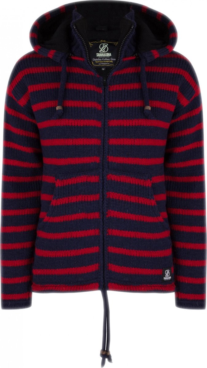 Gebreid Wollen Heren/Uni Vest van Schapenwol met Polyester Fleece voering en afneembare capuchon SHAKALOHA Split Ziphood Navyred