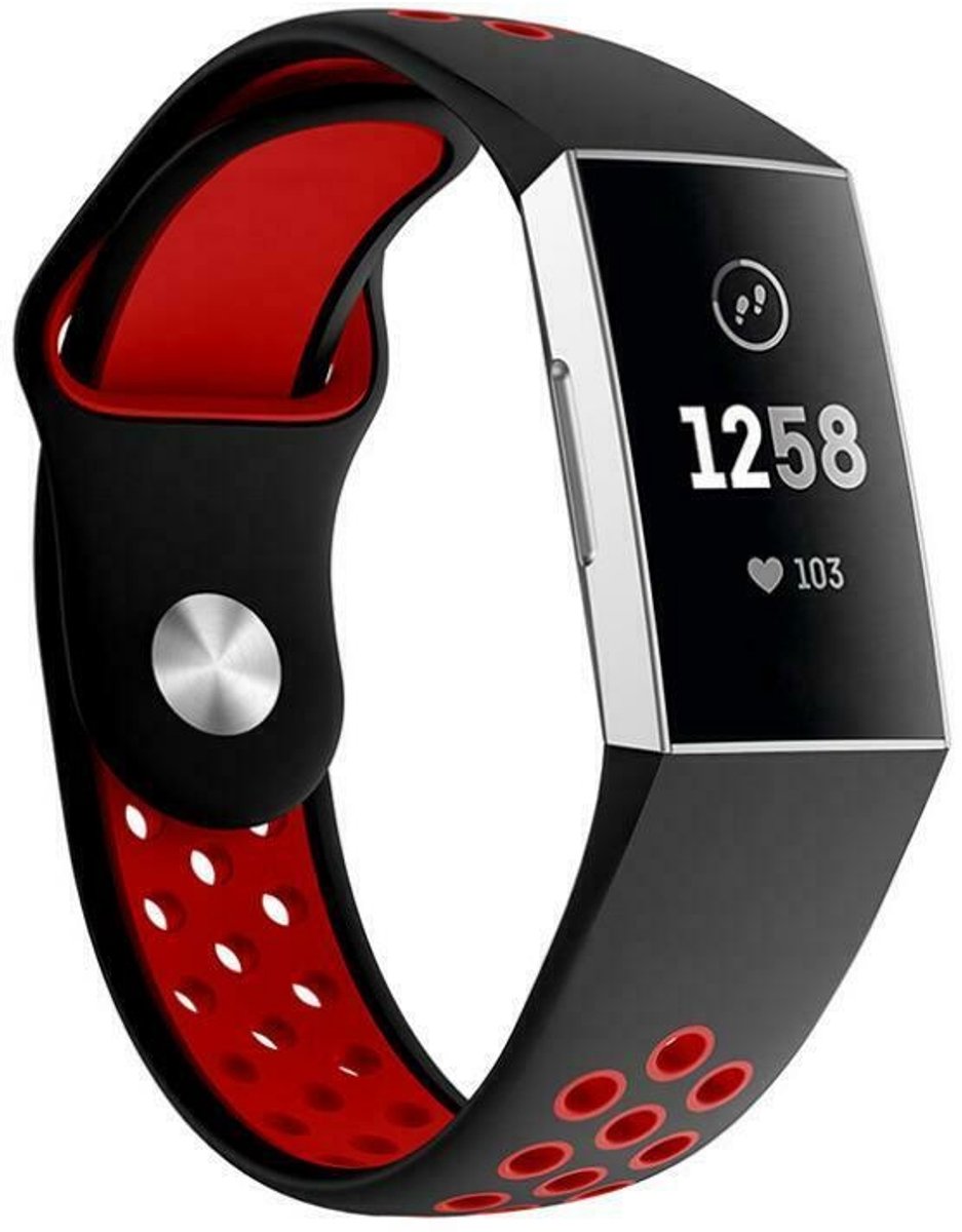 geschikt voor Fitbit geschikt voor Fitbit Charge 3 sport band - zwart rood - Maat S