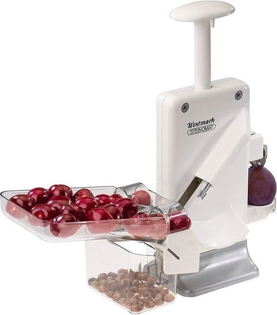 Tescoma Handmatige kersenontpitter, kersenontpitter met opvangbak, 18,5 x 11,5 x 20,5 cm, steen, wit/transparant, roestvrij staal