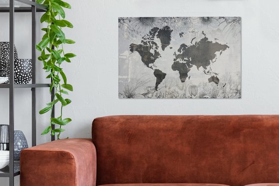 Wereldkaart avec motif béton gris foncé décorée d'illustrations de fleurs 90x60 cm