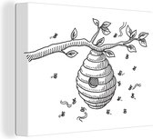 Une illustration en noir et blanc d'une ruche sur une toile de branche 80x60 cm - Tirage photo sur toile (Décoration murale salon / chambre) / Peintures sur toile animaux sauvages