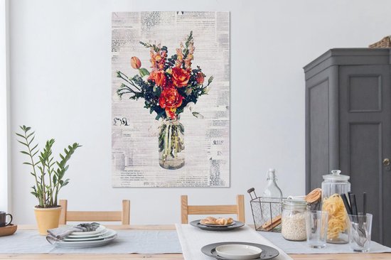 Illustration fleur sur coupure de journal 90x140 cm - Tirage photo sur toile (Décoration murale salon / chambre) / Peintures Fleurs sur toile