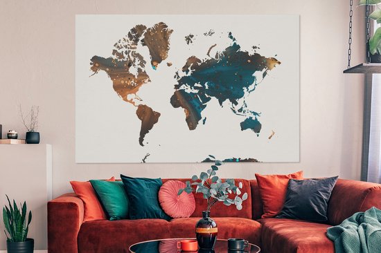 Wereldkaart en peinture bleu foncé et orange sur fond rose 180x120 cm