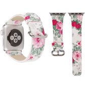 Voor Apple Watch Series 3 & 2 & 1 42mm nieuwe stijl Chinese inkt bloemmotief lederen polshorloge band (wit)